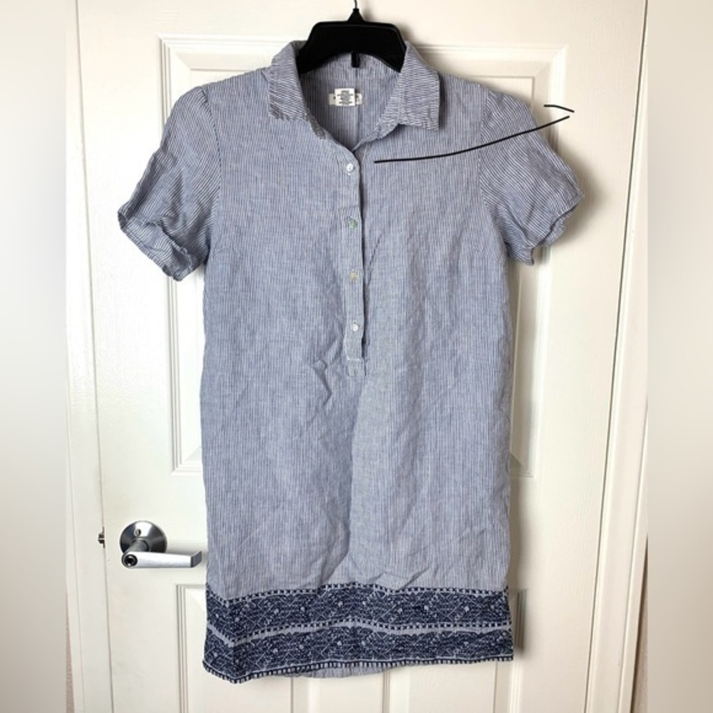 Artisan NY Linen Mini Shirt Dress Embroidered Half Button Front Grey Striped S